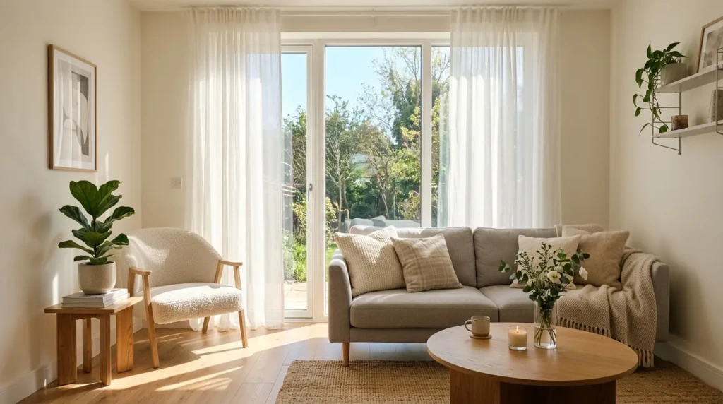 Small living room decor with large rug anchoring furniture and creating cohesive look