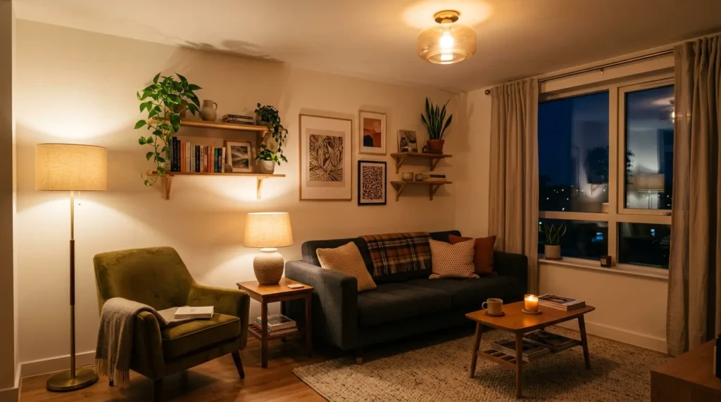 Small living room decor Indian style with wooden furniture, ethnic cushions and brass accents