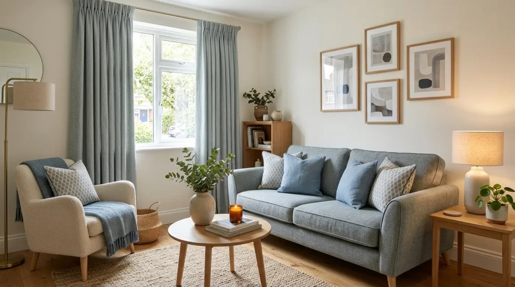 Small living room decor with personal photos and artwork in cozy modern interior