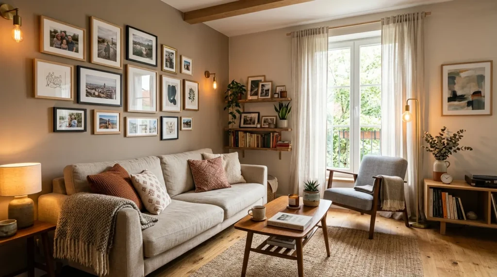 Small living room decor ideas featuring sofa bed and storage ottoman in compact space