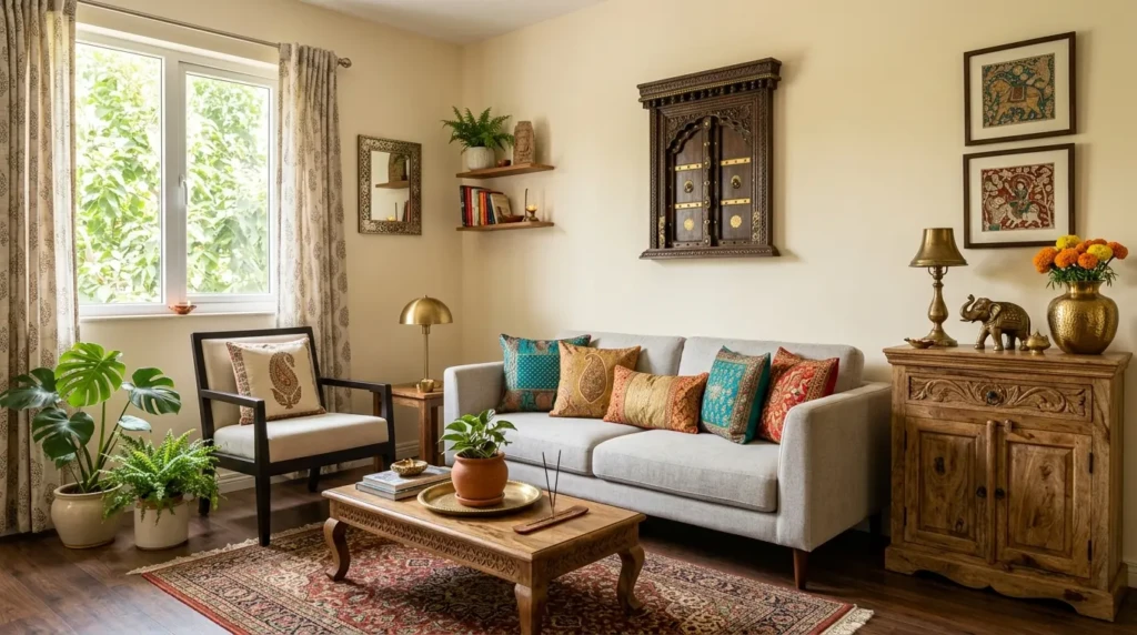small living room decor indian style with modern furniture colorful textiles and wooden accents