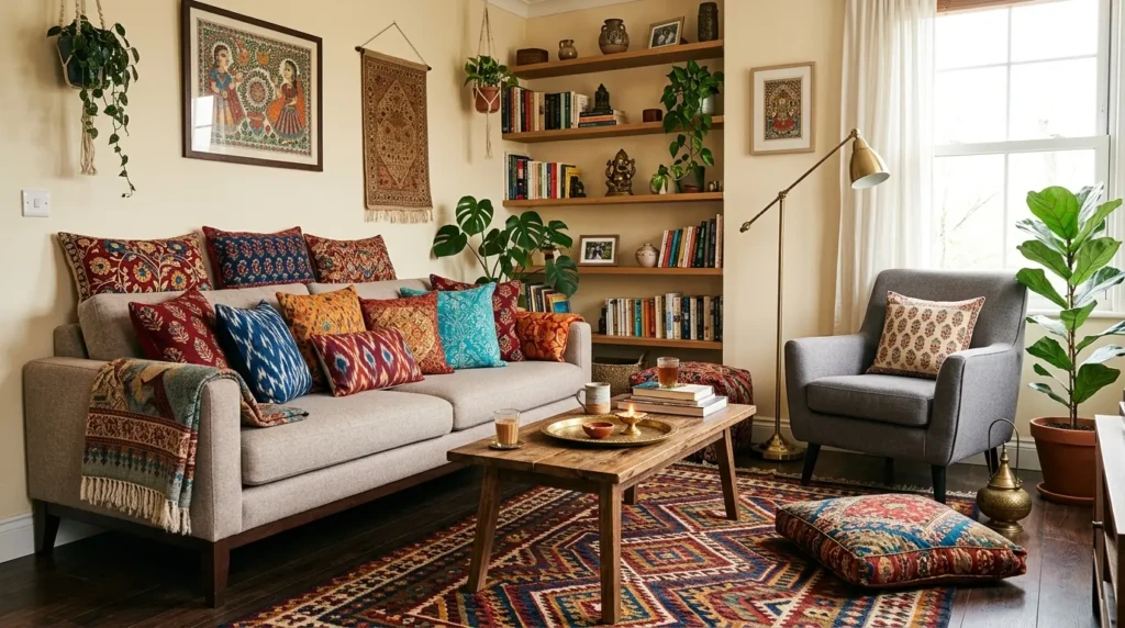small living room with indian cushions and patterned rugs adding cultural touch