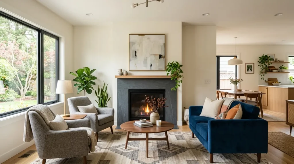 small living room with balanced furniture arrangement around fireplace and open space