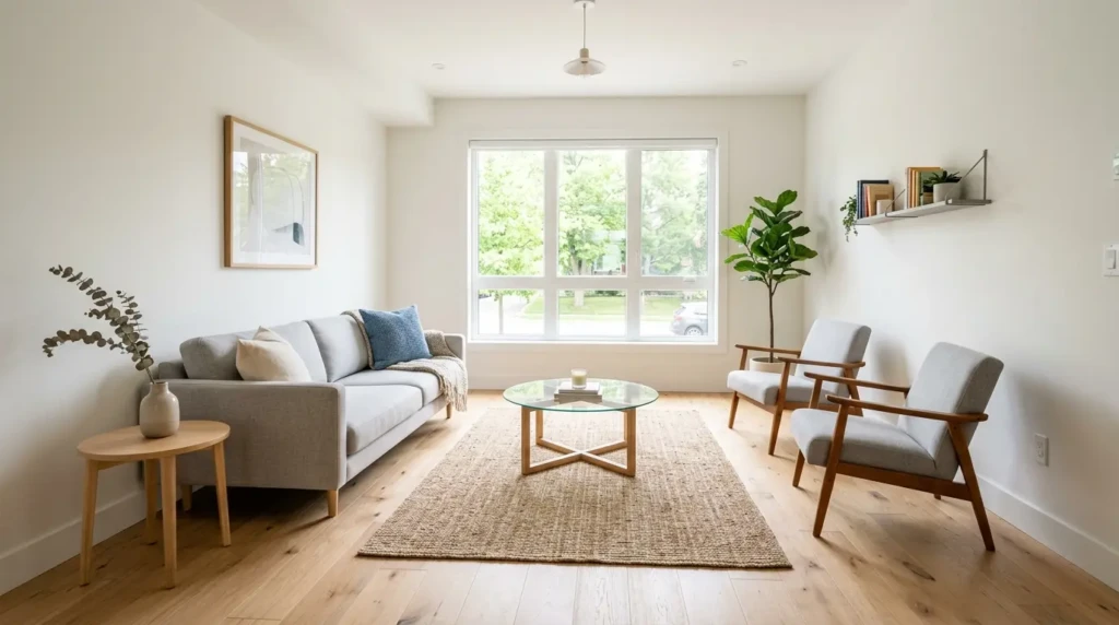 small living room with visible flooring and minimal rug making space look bigger