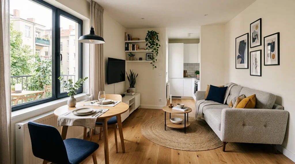 small living room with dining area featuring compact table and sofa in open plan design