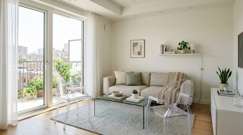 small living room with glass table and acrylic chairs creating open space illusion