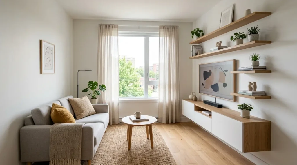 very small living room with wall mounted shelves and tv unit saving floor space