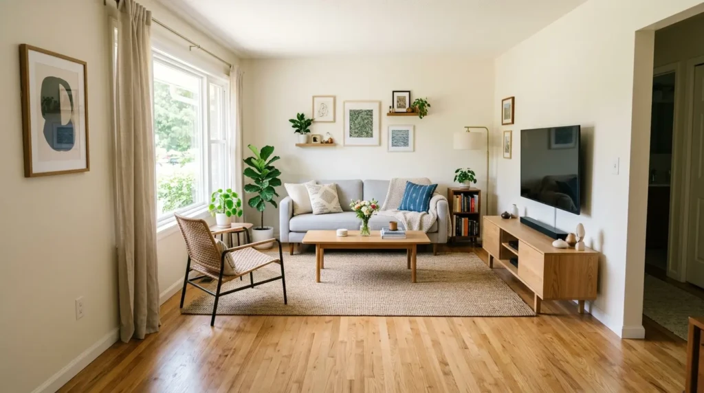 small living room layout with clear walking path and organized furniture placement