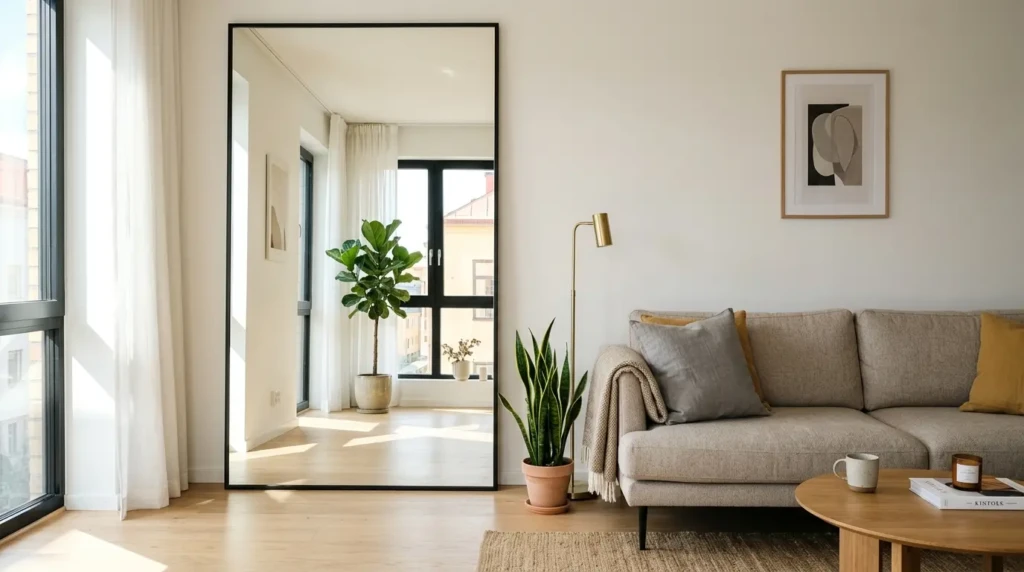 small living room with large wall mirror reflecting light to make space look bigger