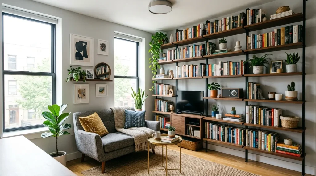small living room using vertical shelves and wall decor to maximize space