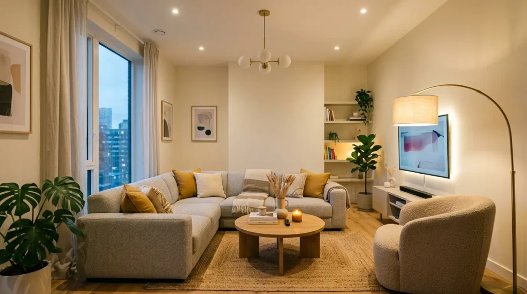 small living room with hidden storage furniture and organized shelves