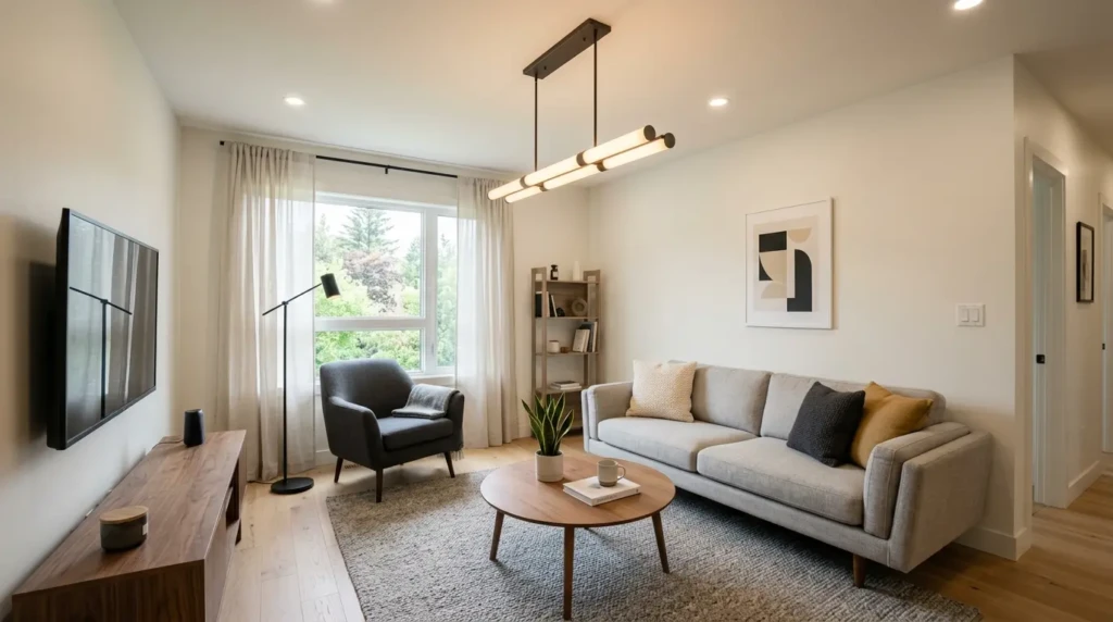 small living room blending modern design with indian decor elements in balanced style