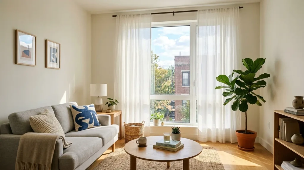 small living room with layered lighting including ceiling lights lamps and warm ambiance