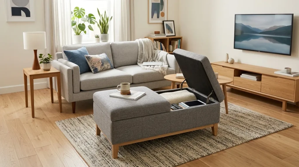 small living room with brass lamps and decorative items in modern setting