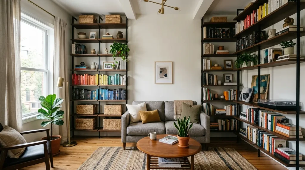 small living room with wooden furniture and traditional carved accents