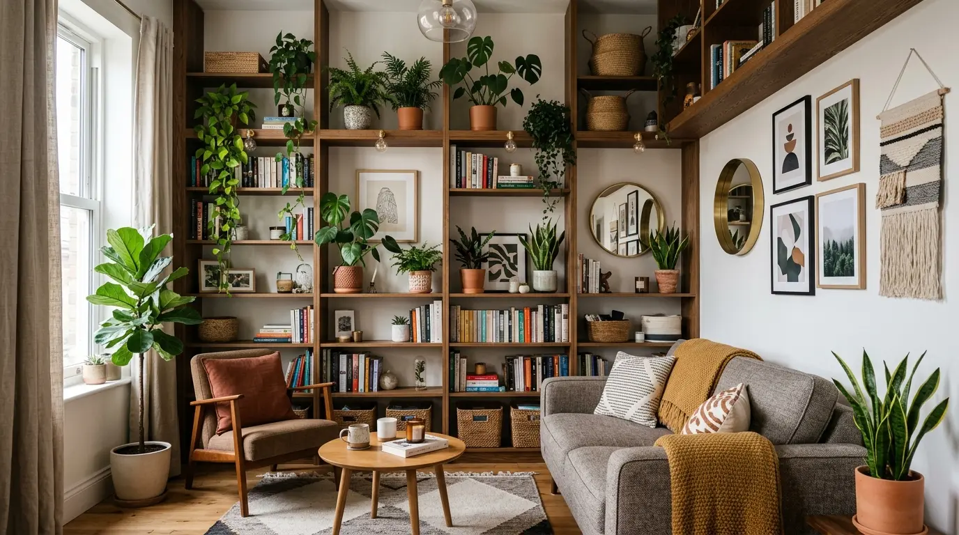 small living room using vertical shelves and wall decor to maximize space