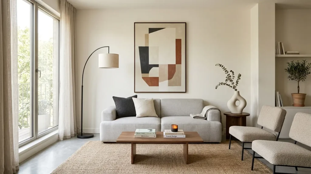 minimalist small living room with statement artwork vase and clean uncluttered modern styling