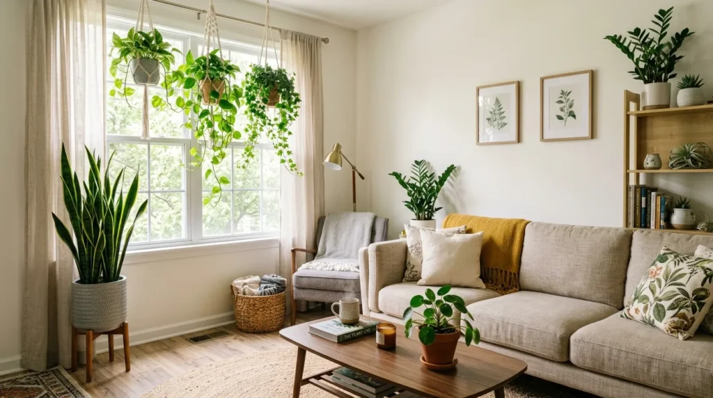 small living room with indoor plants and greenery adding freshness to modern minimal interior