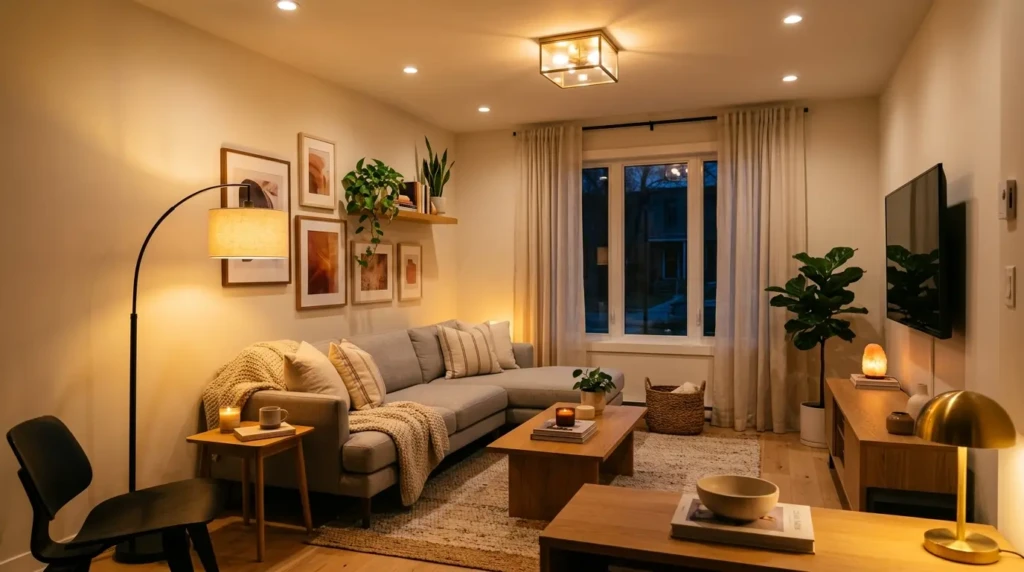 small living room with floating shelves and wall mounted storage maximizing vertical space modern decor