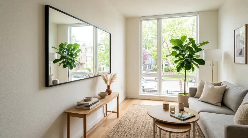 small living room with large mirror reflecting light to create depth and make space look bigger
