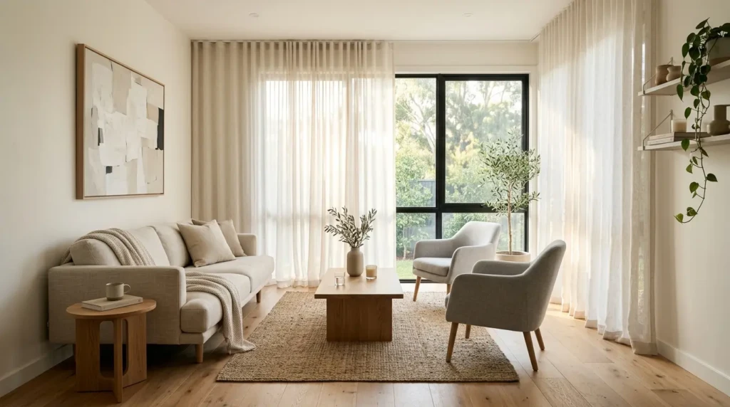 small living room with sheer floor to ceiling curtains allowing natural light modern window treatment design