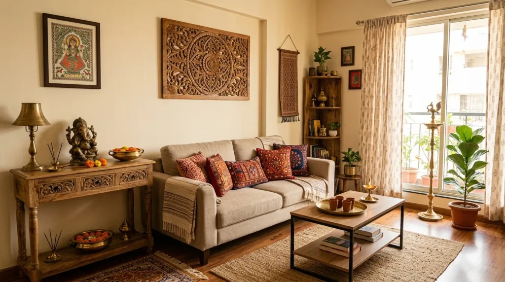 small living room decor indian style with wooden accents brass decor and modern minimalist design