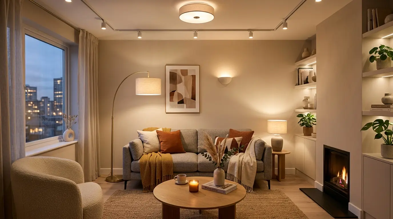 small living room decor modern with layered lighting floor lamp and warm cozy ambiance