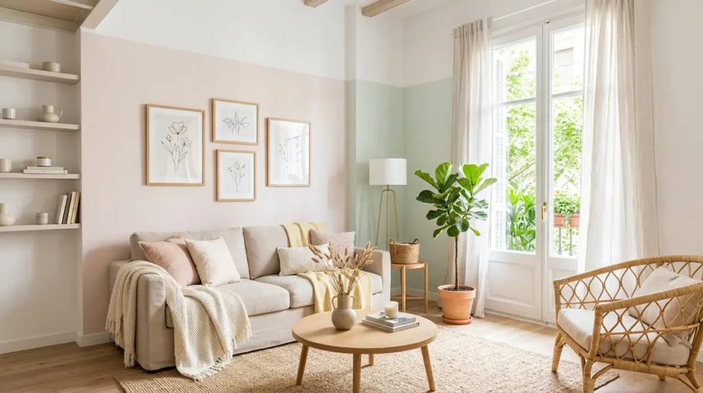 Small living room decor with light colors, bright natural light, and airy atmosphere