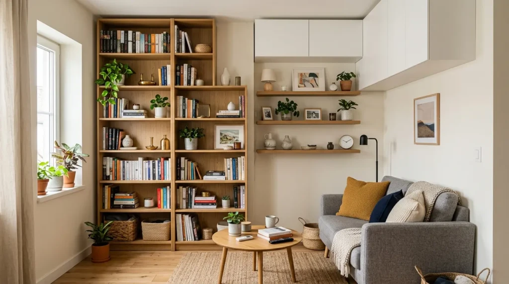 Small living room decor with floating shelves and wall-mounted storage to save space