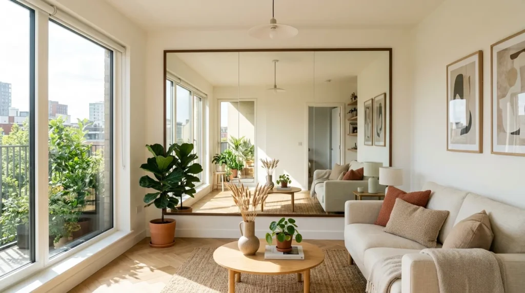 Small living room decor on a budget using mirror to create illusion of bigger space