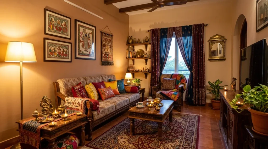 Small living room decor indian style with colorful textiles, wooden furniture, and traditional accents