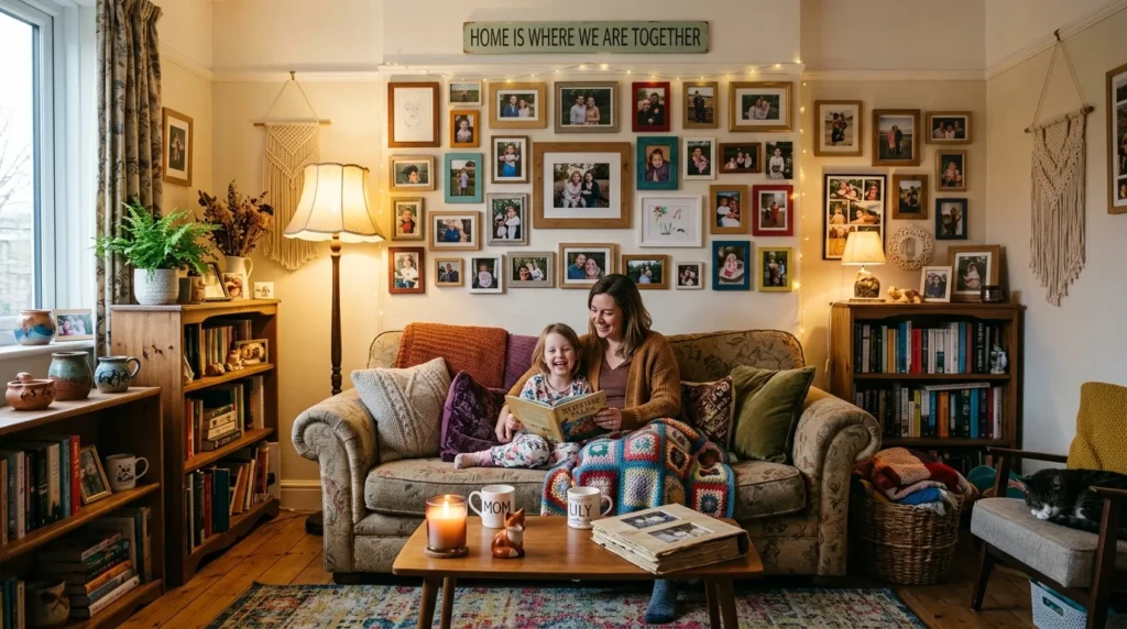 Small living room decor with family photos and personal items creating warm atmosphere