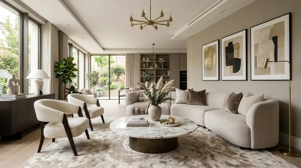 Elegant living room with neutral tones, marble coffee table, layered lighting, textured rug, and sophisticated modern furniture.