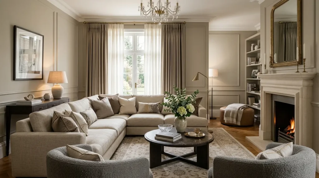 Elegant living room in ivory, beige, taupe, and grey shades with refined cushions and soft curtains.