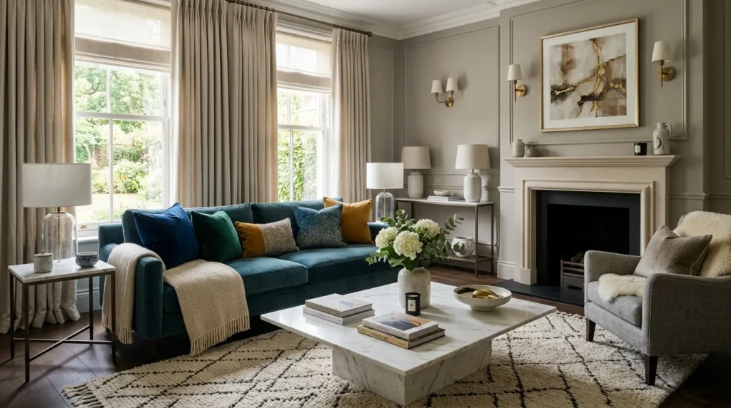 Elegant living room with velvet cushions, linen curtains, wool rug, marble surfaces, and layered textures.