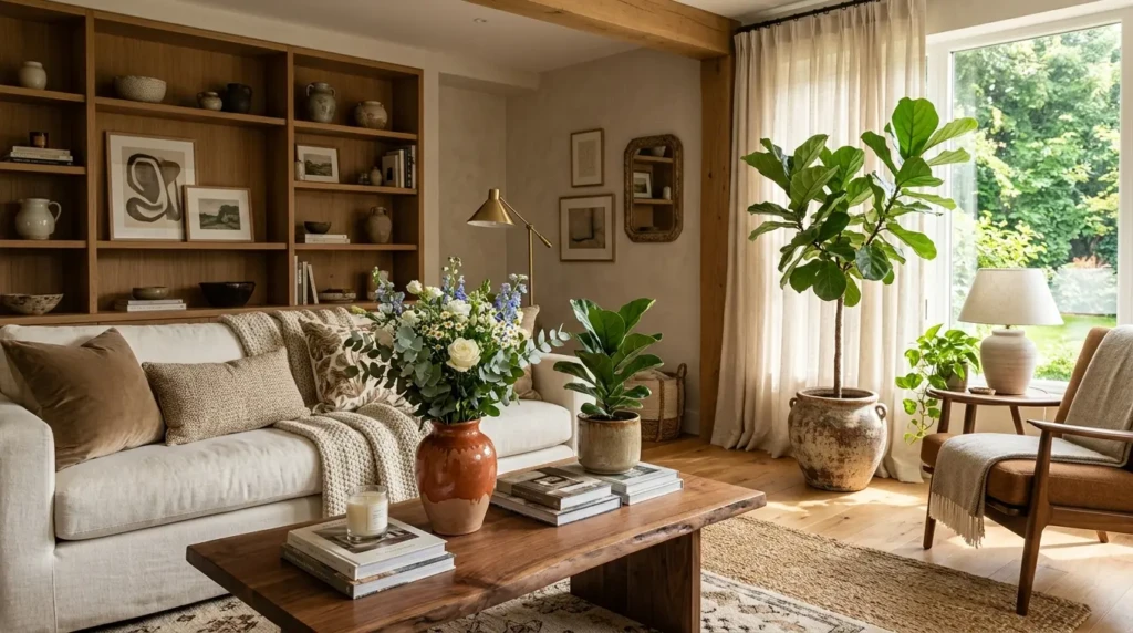 Elegant living room with indoor plants, fresh flowers, wood accents, and sunlight through soft curtains.