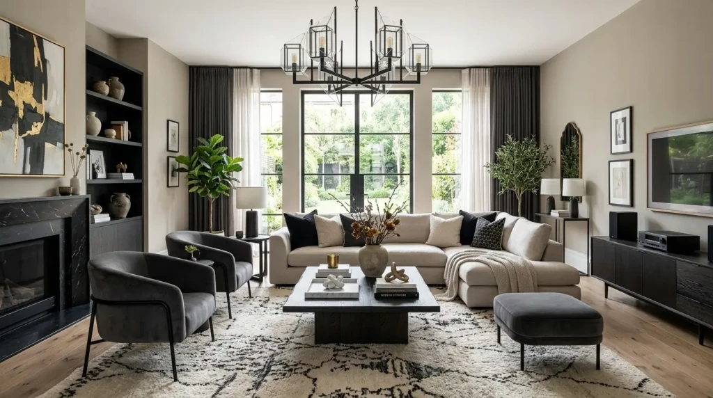 Luxurious modern elegant living room with black and neutral accents, chandelier, layered textures, and refined decor.