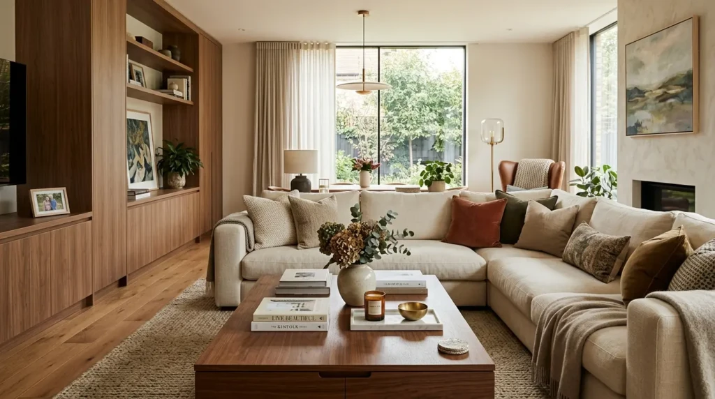 Cozy luxury living room with plush seating, layered pillows, practical table decor, and an inviting open layout.
