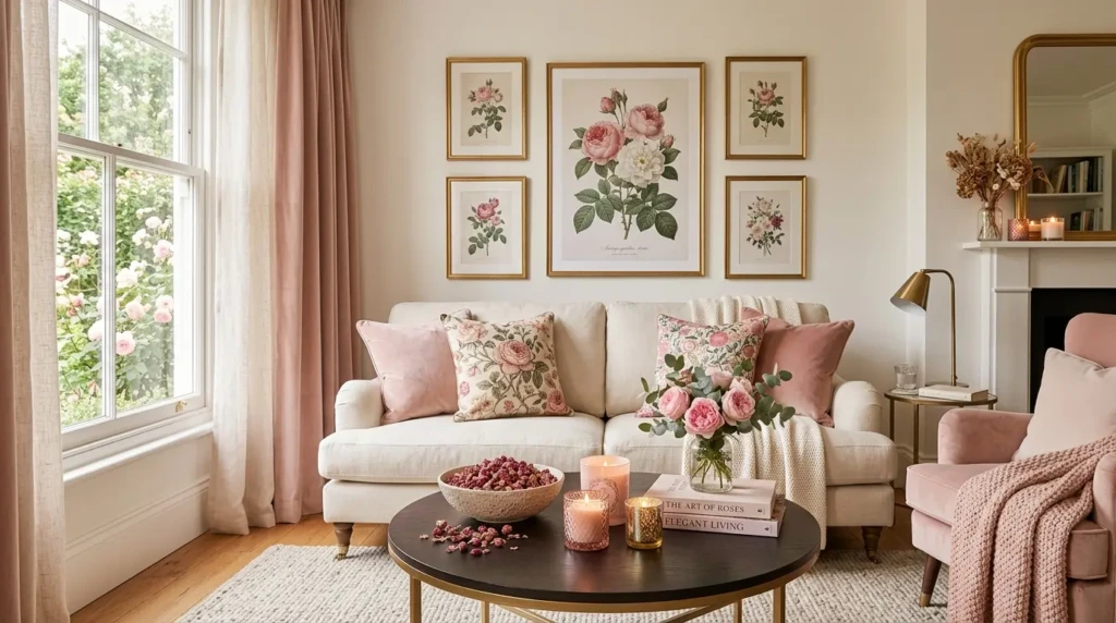 Elegant living room decor with floral cushions, rose wall art, scented candles, blush throws, and decorative dried rose petals.