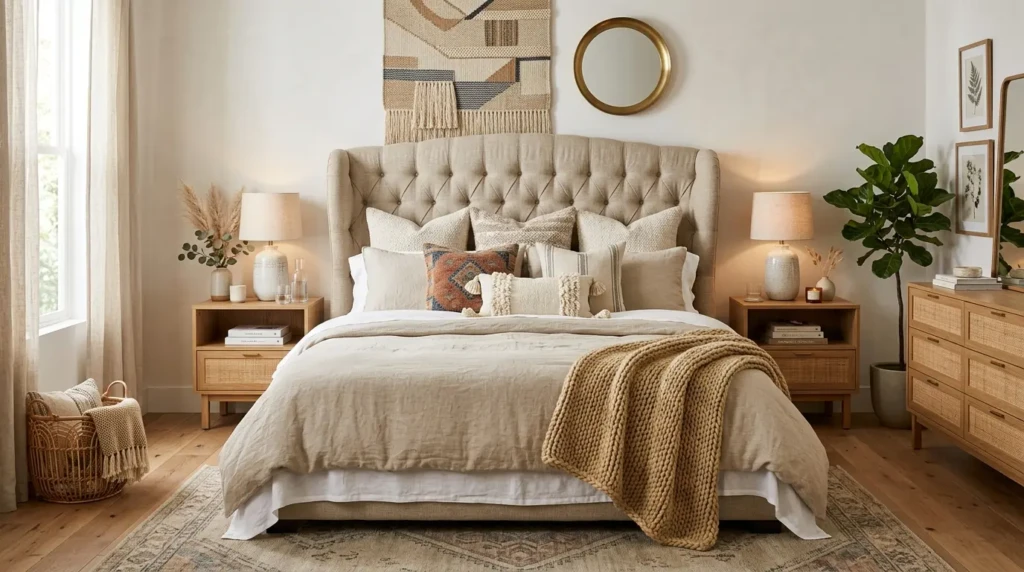 Luxurious king-size bed with layered linen bedding, oversized headboard, and symmetrical nightstands in boho style.