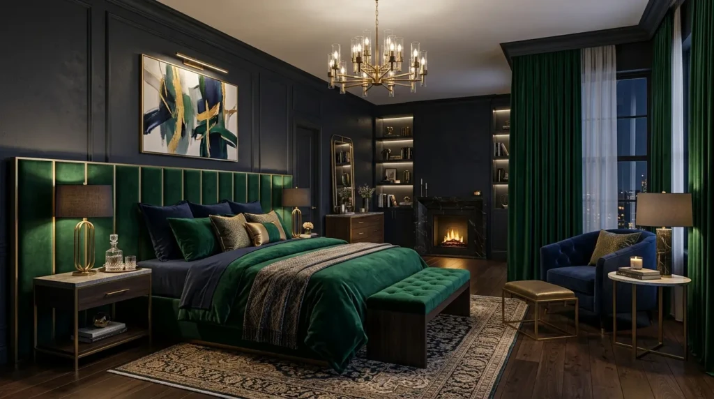 Bedroom with ambient and bedside lighting creating warm and cozy modern interior