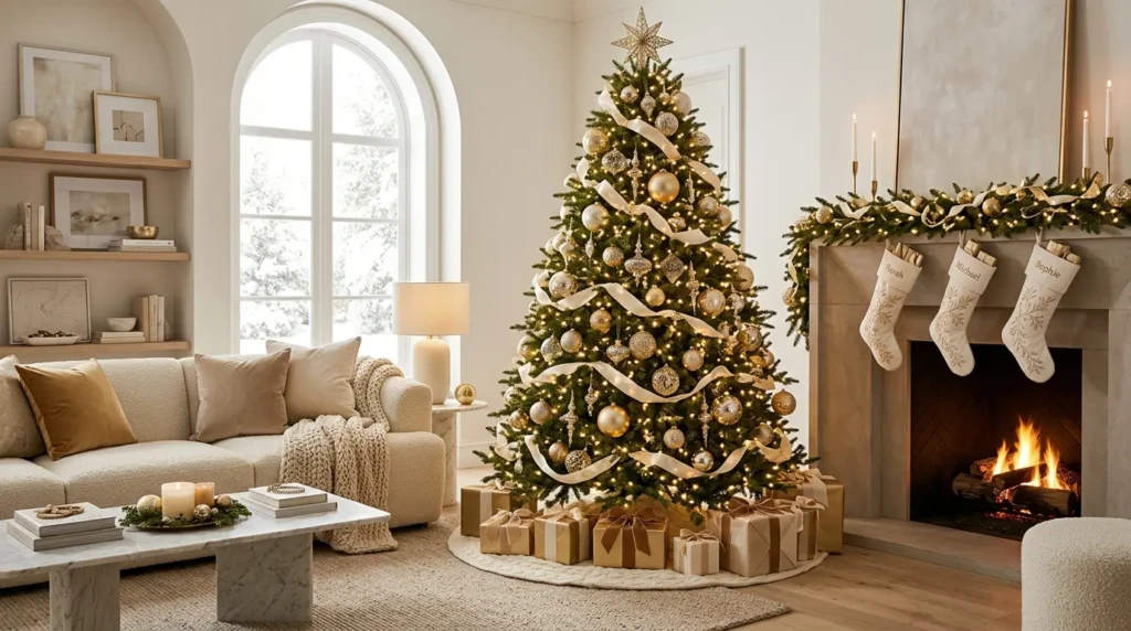 Elegant Christmas tree with warm white lights, gold ornaments, ribbon garlands, and refined christmas living room ideas.