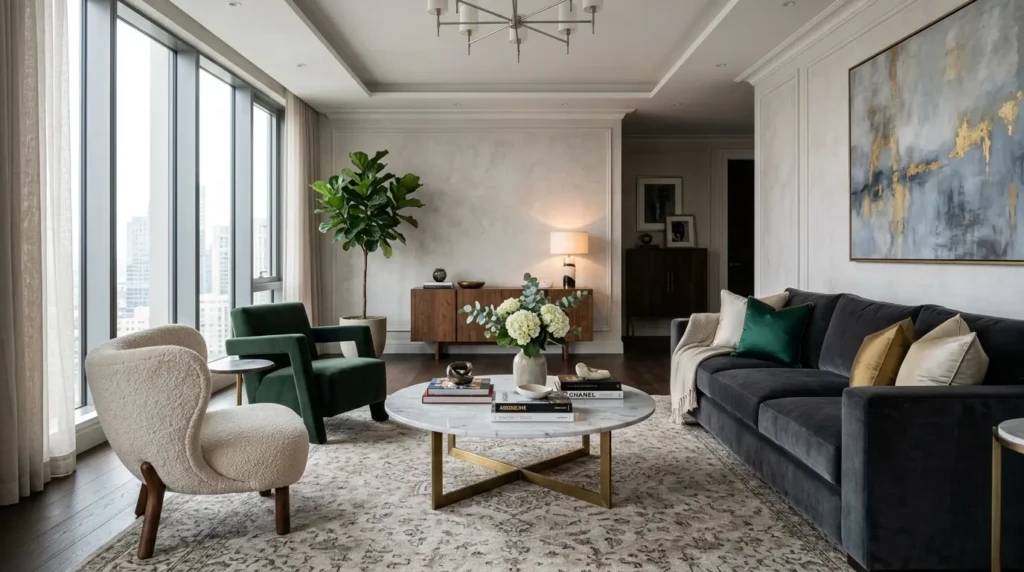 Elegant living room featuring oversized velvet sofa, sculptural chairs, and a marble coffee table in a modern luxury setting.