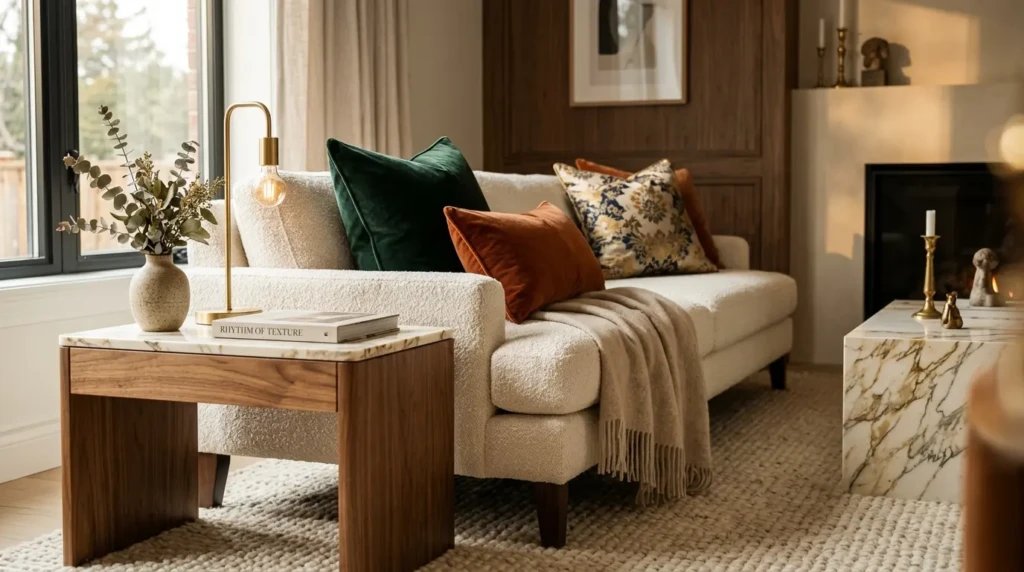 Close-up of boucle sofa, velvet cushions, marble surface, walnut furniture, and soft layered textiles in a luxury living room.