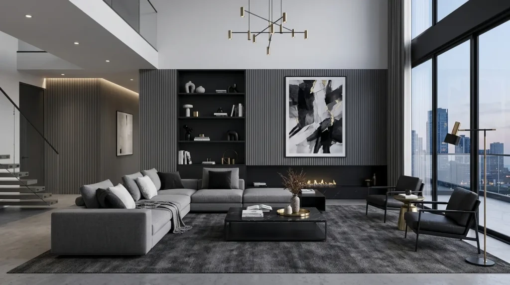 Modern elegant living room with built-in shelves, fluted wall panels, abstract art, and sleek furniture styling.