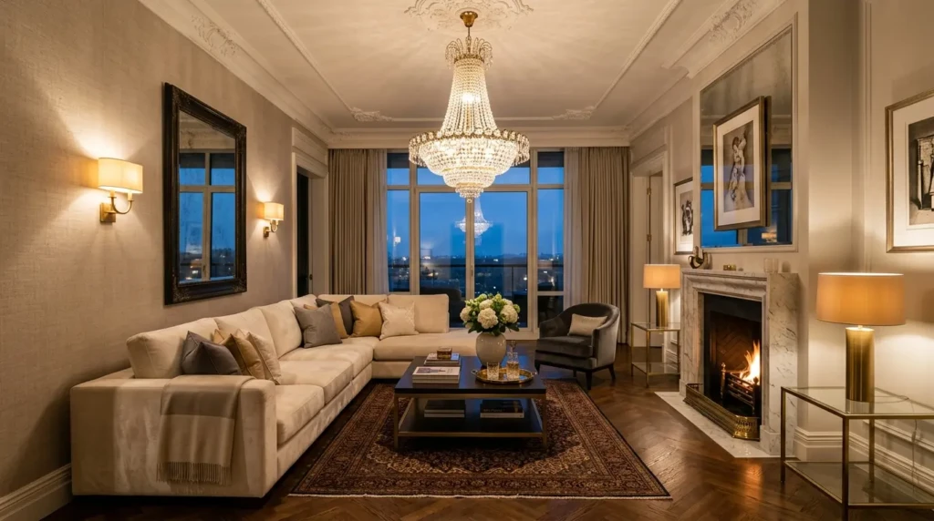 Sophisticated living room with crystal chandelier, wall sconces, table lamps, and warm layered ambient lighting.