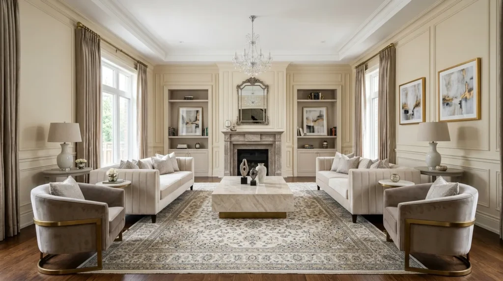 Balanced luxury living room with matching armchairs, oversized rug, centered coffee table, and symmetrical decor placement.