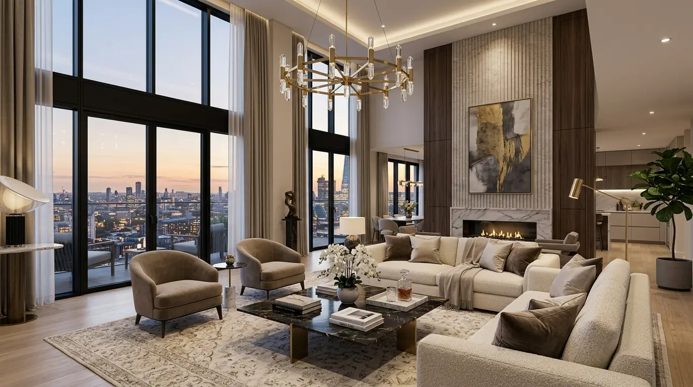 Stunning luxury living room with floor-to-ceiling windows, marble accents, statement chandelier, and timeless neutral styling.