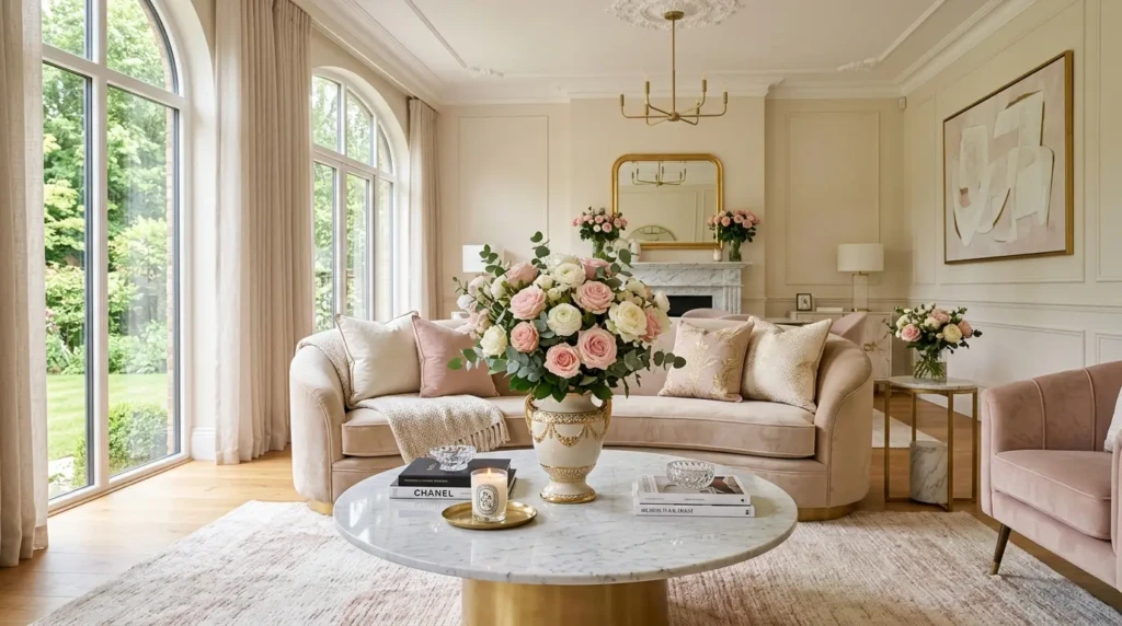 Elegant living room decor with fresh pink and white roses, velvet sofa, marble coffee table, and gold accents in a bright luxury interior.