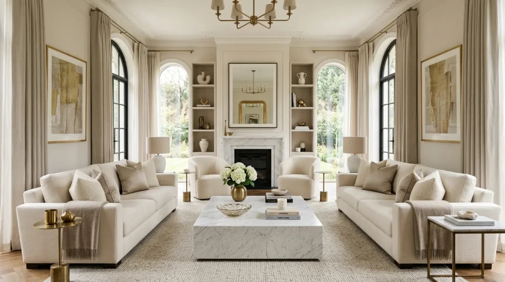 Elegant luxury living room with cream sofa, marble coffee table, neutral tones, and magazine-style editorial decor styling.